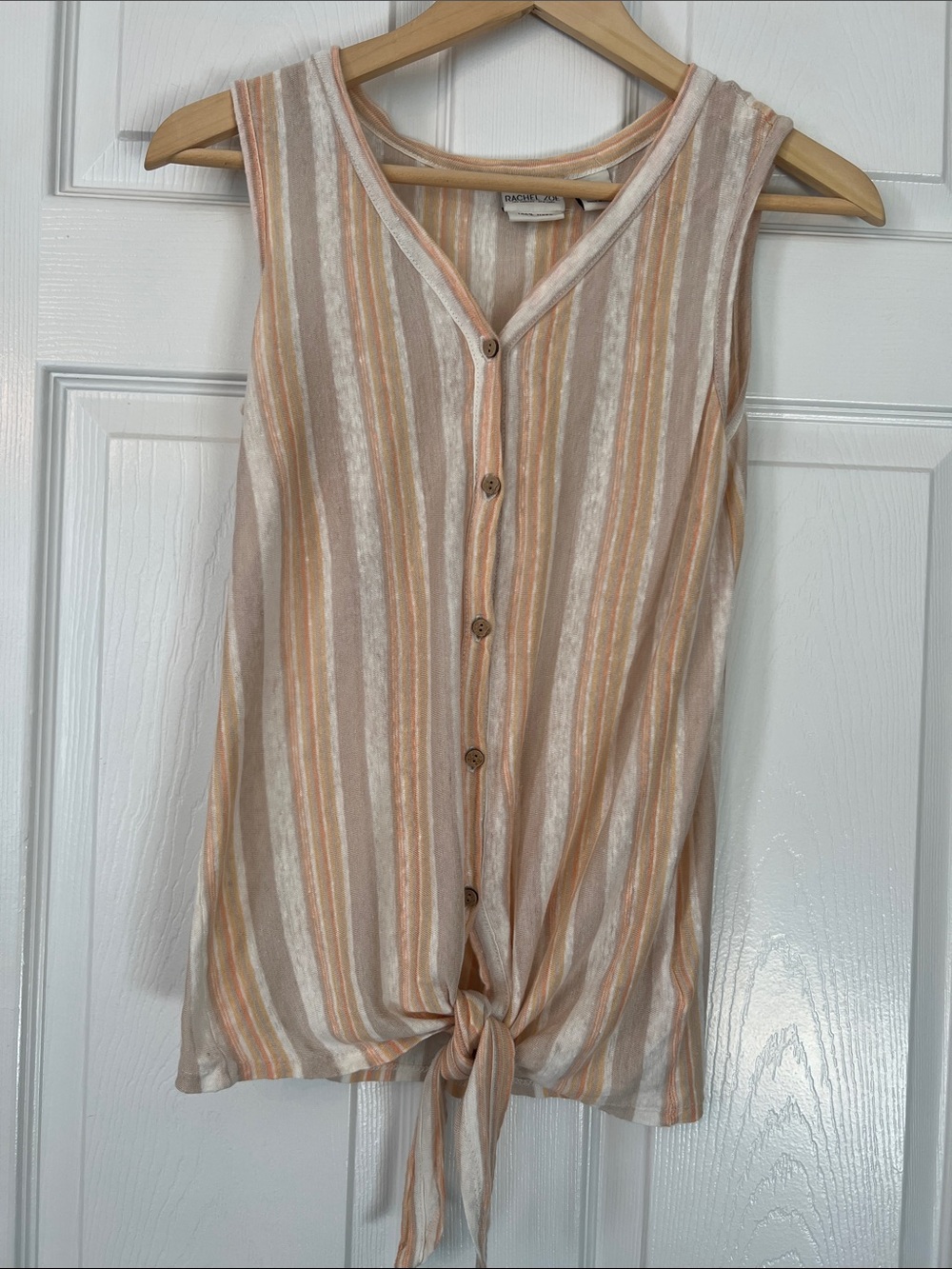 Rachel Zoe Linen in Peach, Tan and Cream Striped Button-Front Tie-Hem Tank